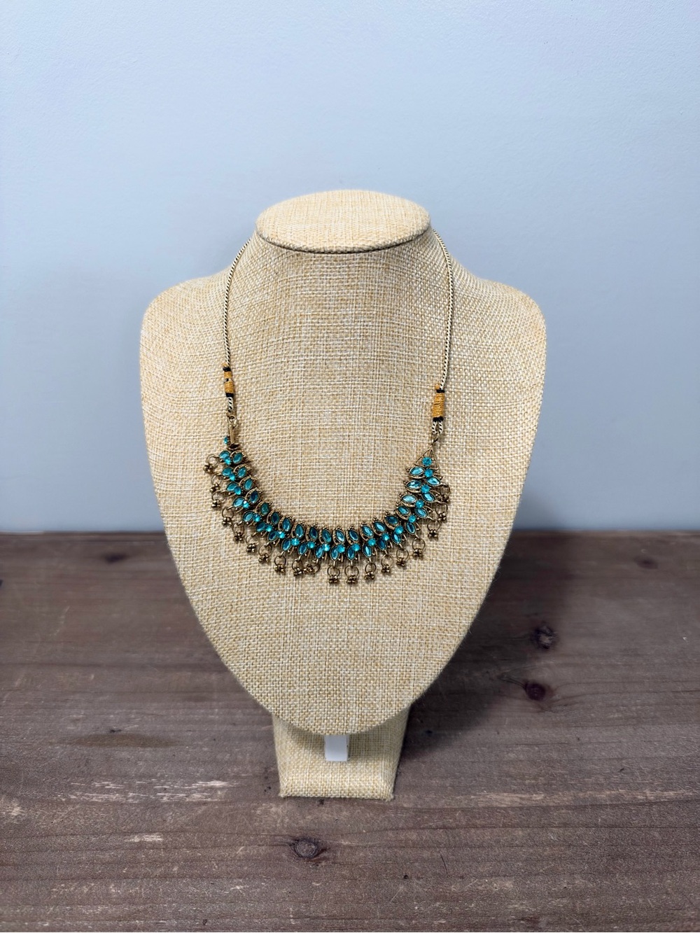 Boho Turquoise Blue Stone Bib Necklace Antiqued Brass Fringe Artisan Statement